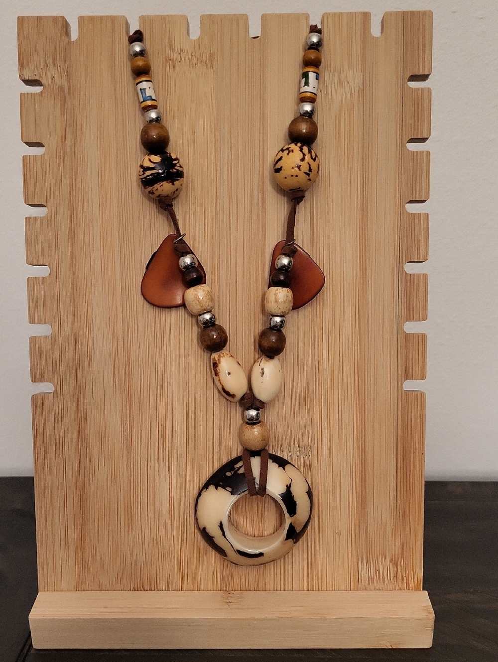 Handcrafted Tagua Bead, Brown and Cream Beaded Pendant Necklace
